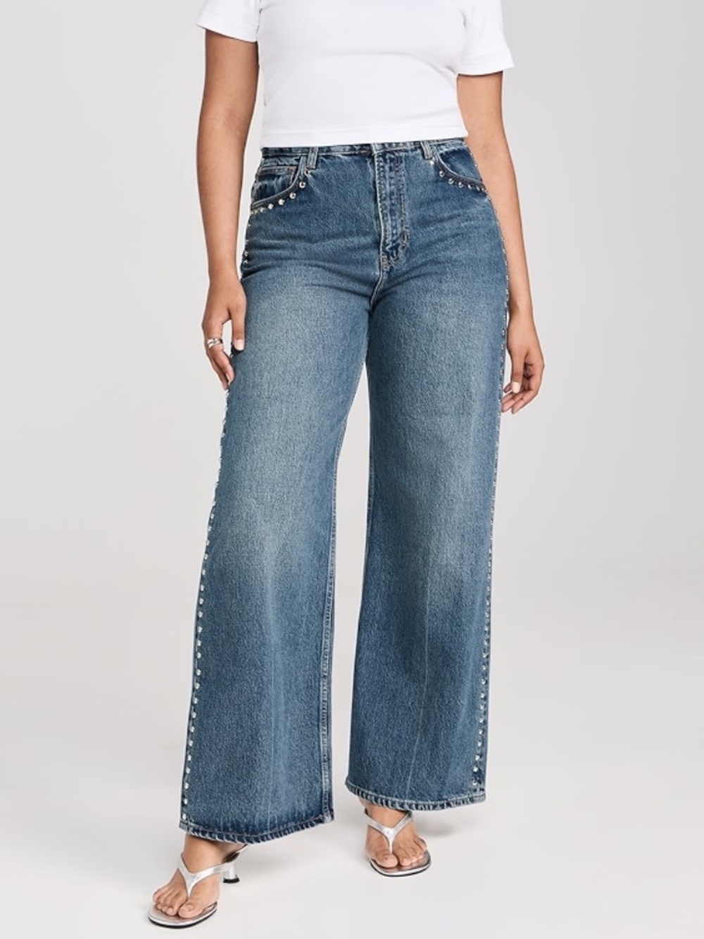Reformation Cary High Rise Slouchy Wide Leg Jean in Studded Blue Denim - 33